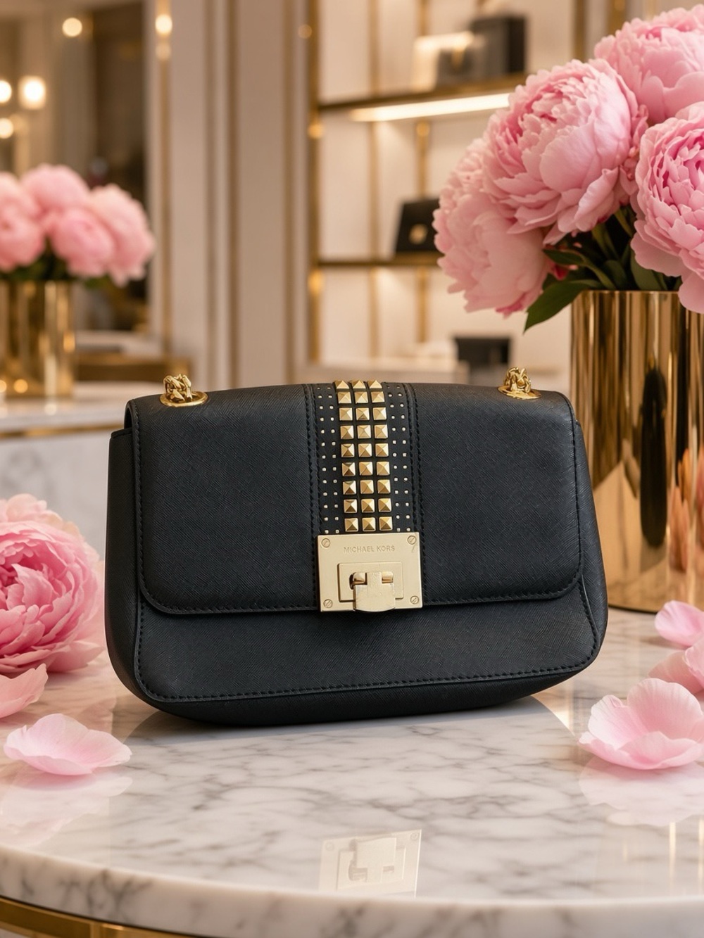Michael Kors Black Leather Shoulder Bag with Gold Stud Accent